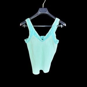 Y2K Tracy M Silk Blend Ribbed Knit Lace Trim Ruffle Camisole Turquoise Med